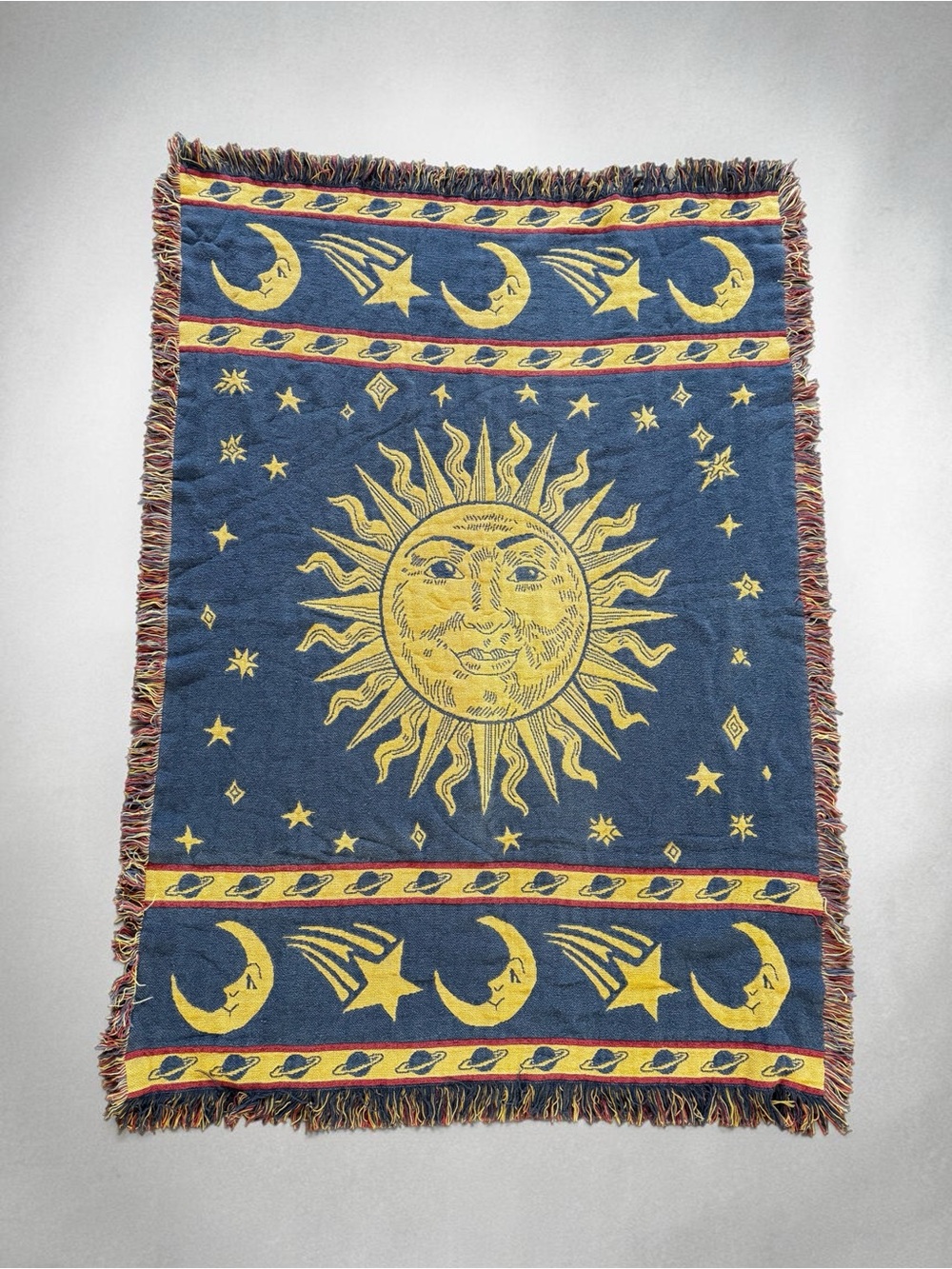 VTG 90s Celestial Sun Moon & Stars Cosmos Throw Blanket Woven Cotton Tapestry